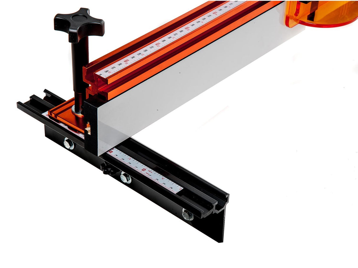 Sherwood Aluminium Router Table Fence on woodworking table, showing precision-engineered construction