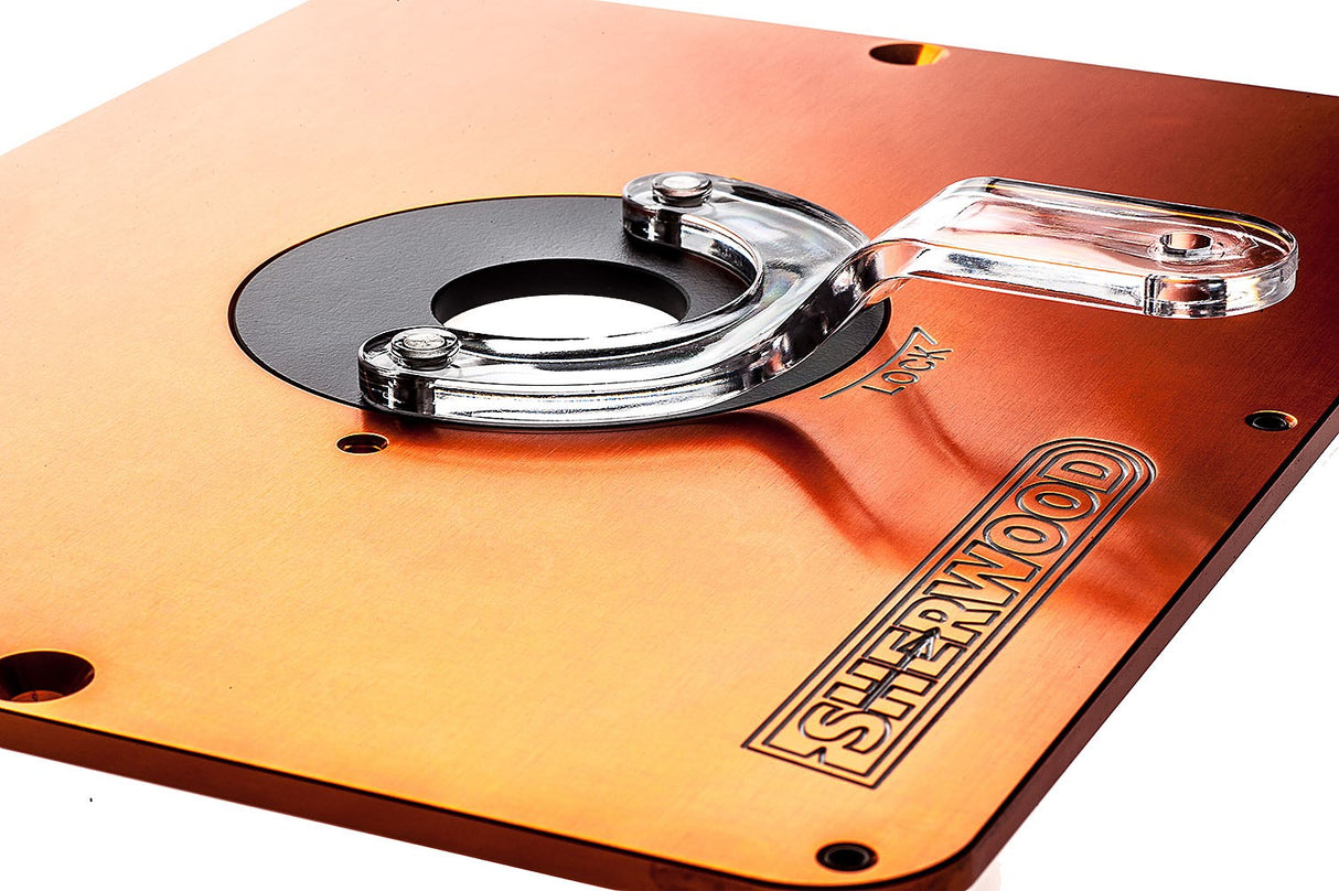 Sherwood Router Table Standalone with MDF/Phenolic Table & Aluminium Mounting Plate - Side view with router attached