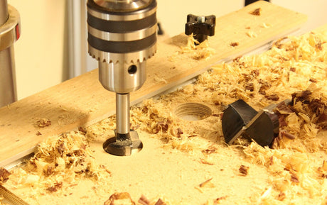Torquata Tungsten-Carbide Forstner Boring Drill Bit in action drilling through tough Australian timber