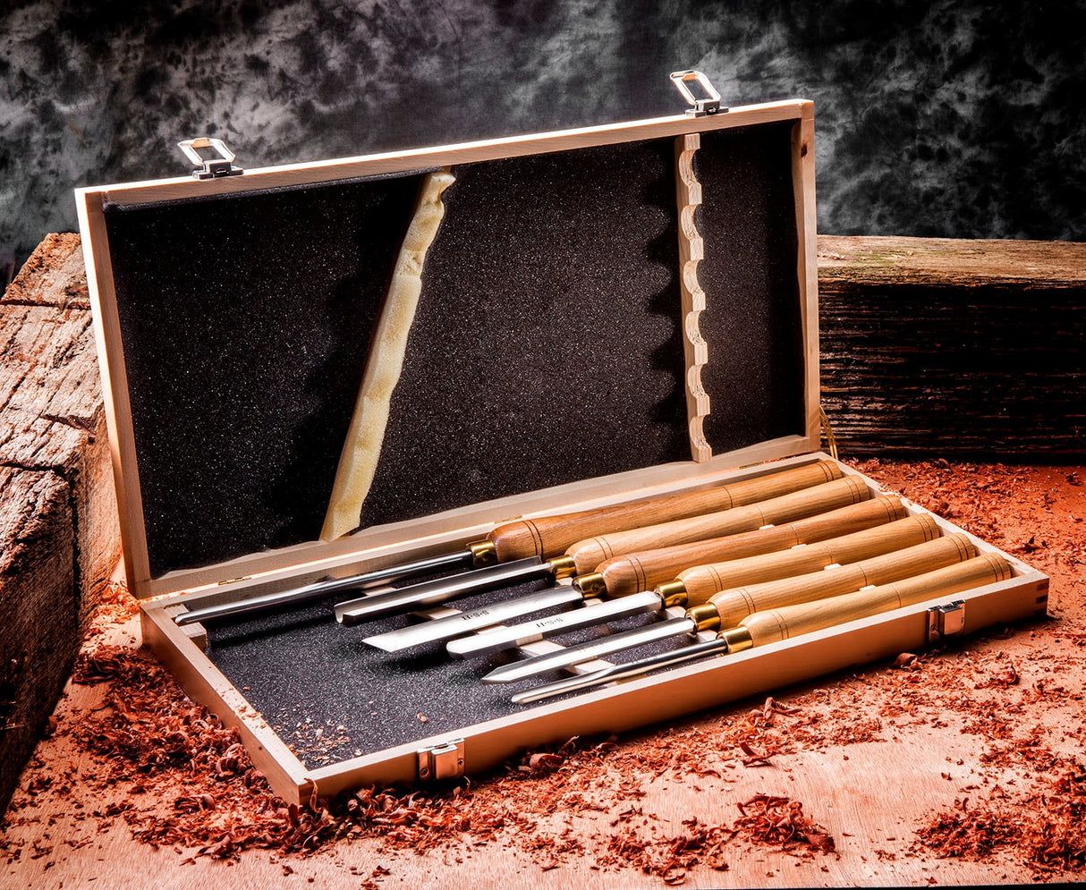 Baladonia Wood Turning Beginners Tool Set with 6 chisels, high-speed-steel blades, trusted by Australian woodturners for 20 years