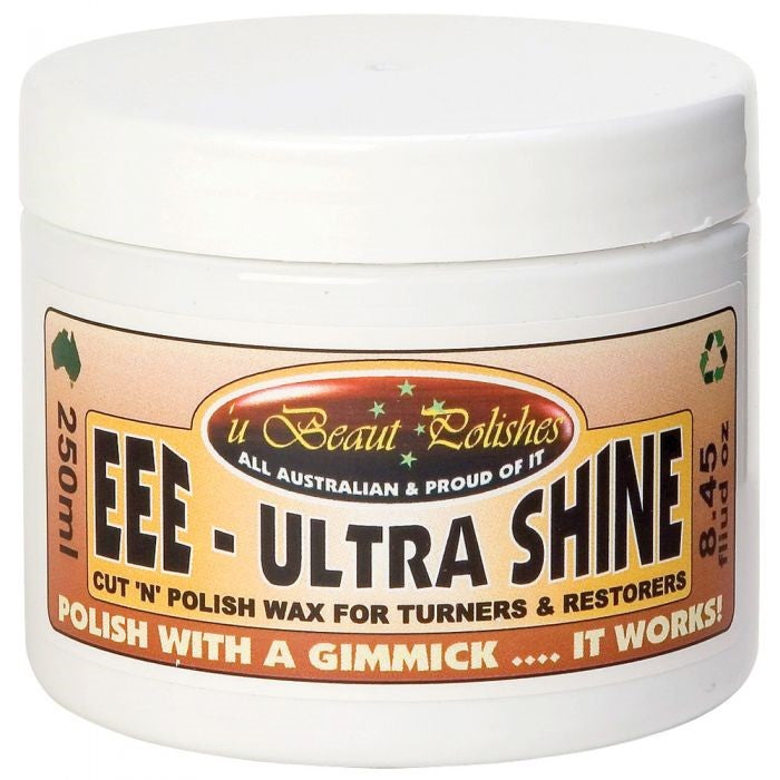 U Beaut EEE Ultrashine Cut and Polish Paste - 250mL jar with bright finish on wooden surface