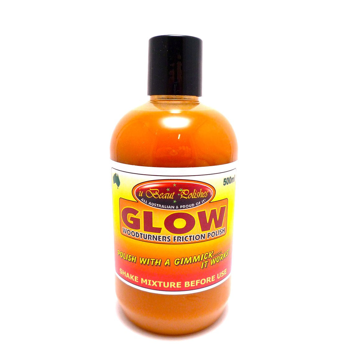 U Beaut Shellawax Glow Friction Polish 500mL bottle, enhances timber finish depth and clarity on highly figured wood