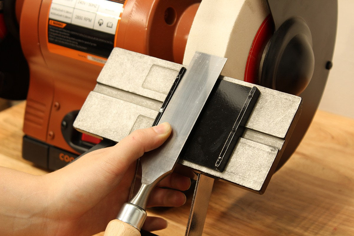 Baladonia Universal Toolrest for Bench Grinders, angled view with grinding guide included