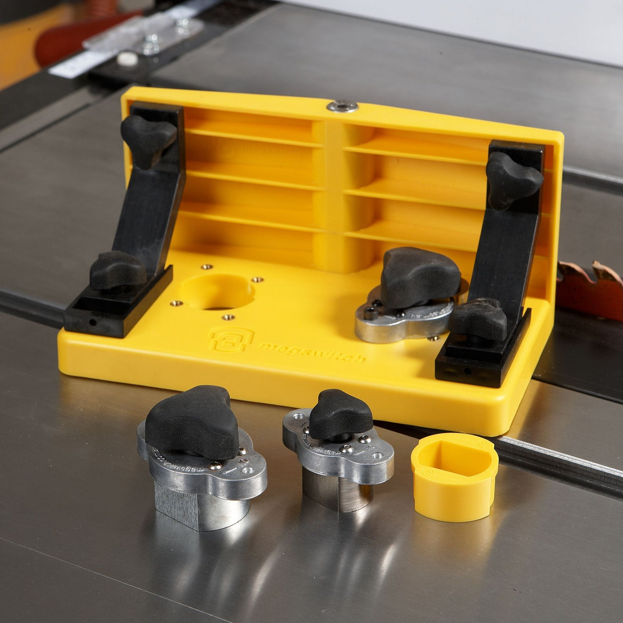 Magswitch Universal Magnetic Featherboard Mounting Base on a table fence