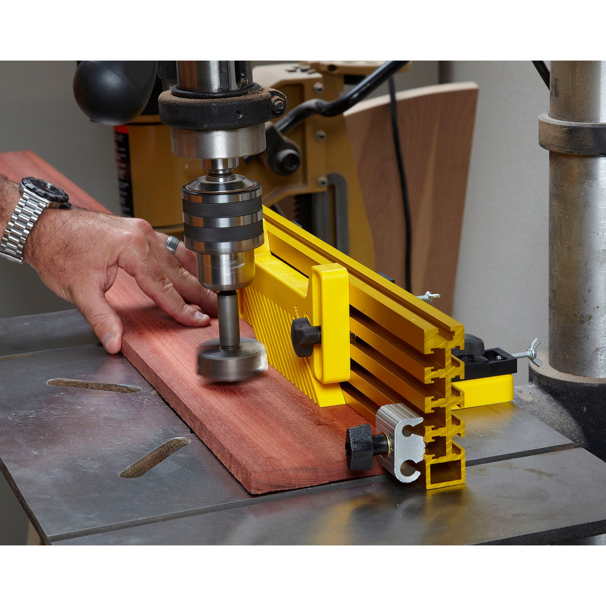 Magswitch Magnetic Featherboard Universal Track attachment mounted on base for the Magswitch Workholding System