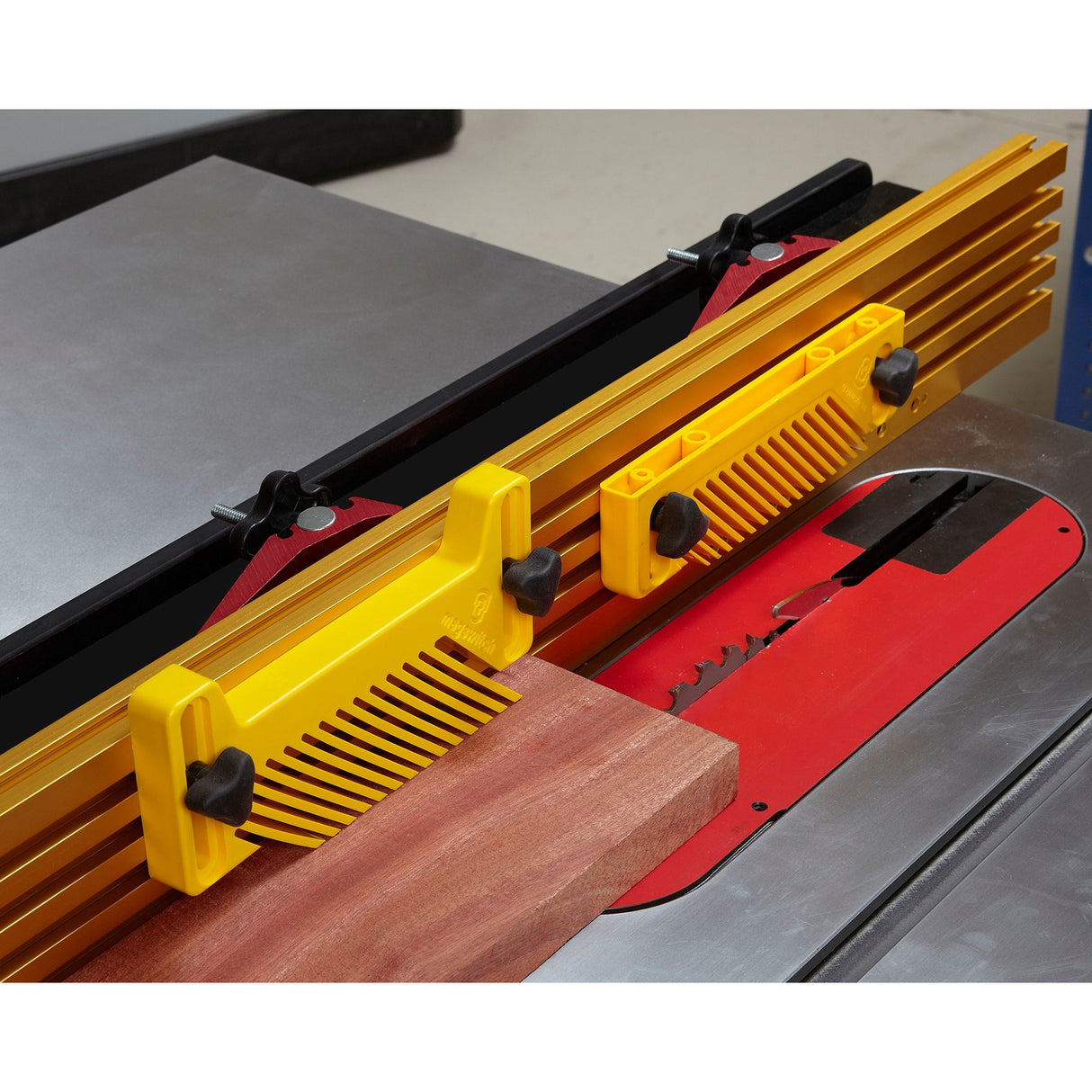 Magswitch Magnetic Featherboard Universal Track attachment on a wooden workbench