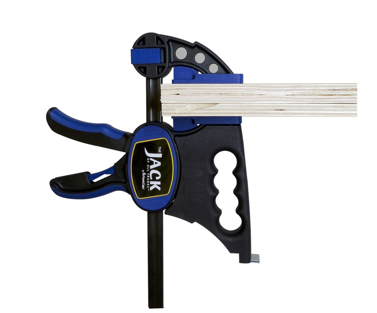 Fastcap Jack Of All Trades Reversible Trigger Clamp and Jack Lifter in action at woodworking site