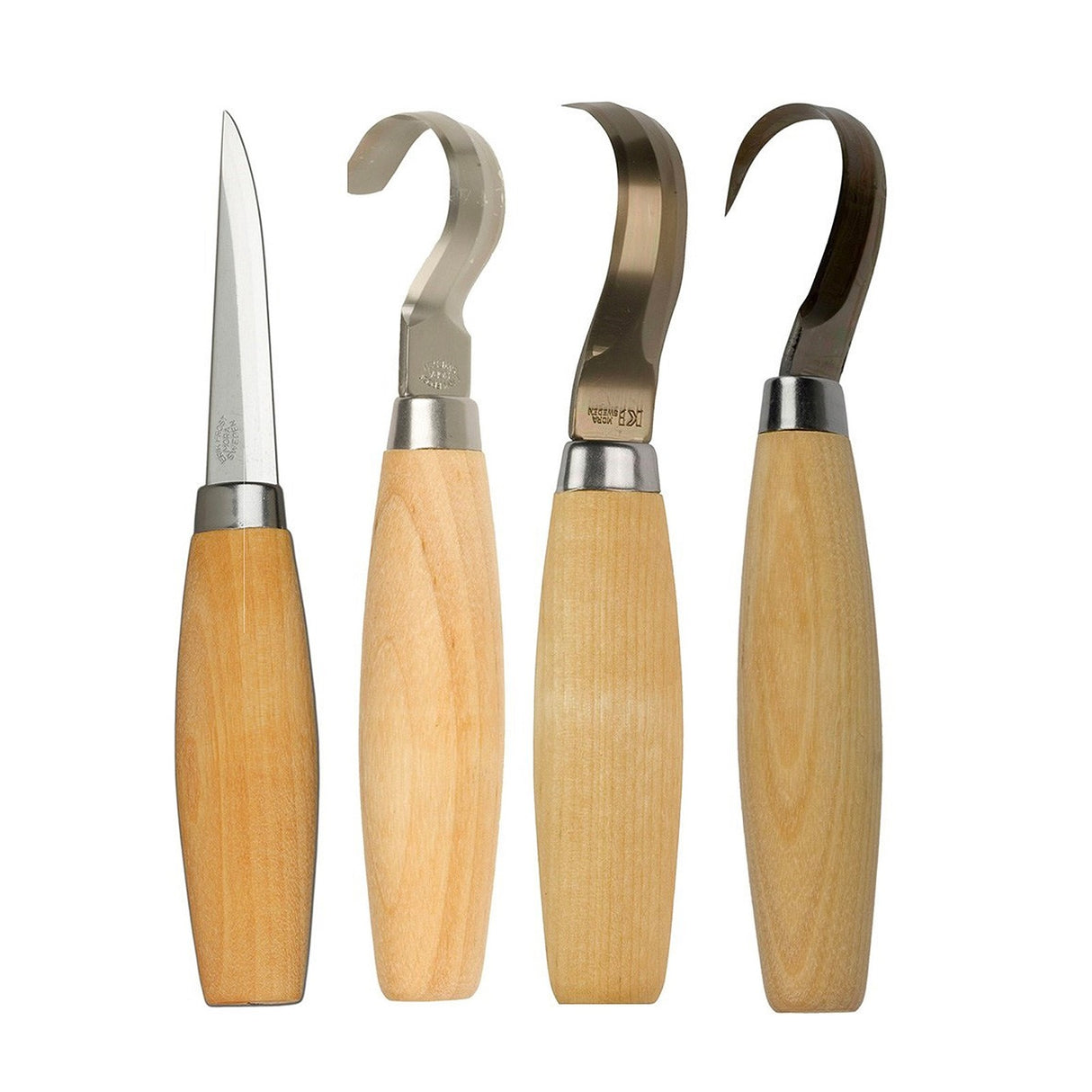 MoraKniv 4-piece Spoon Carving Knives Set with Wooden Handles, showcasing a variety of knife shapes for versatile spoon carving