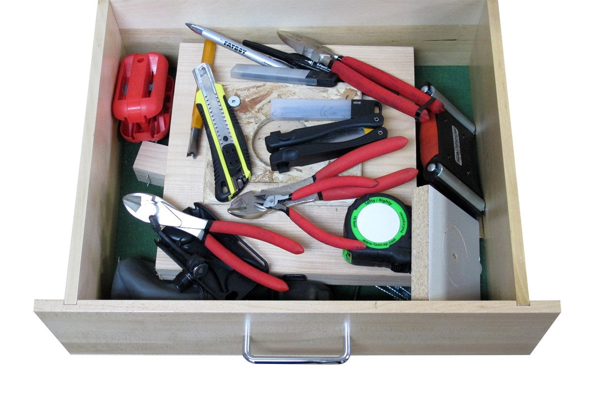 Fastcap Kaizen Foam Dark Grey 20x1220x610mm insert, showing precise tool organization in workspace