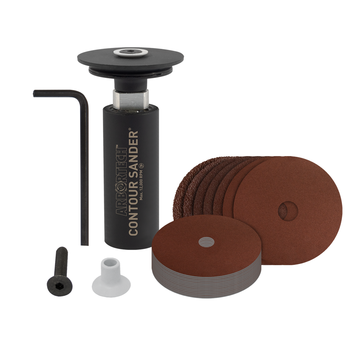 Arbortech Random Orbital Contour Sander Attachment for M14 Thread, shown in use on detailed woodwork