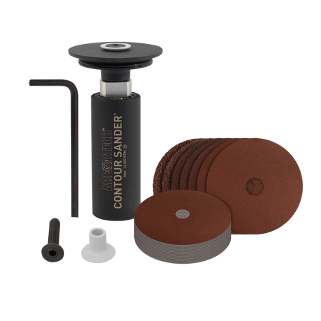 Arbortech Random Orbital Contour Sander Attachment for M14 Thread, shown in use on detailed woodwork