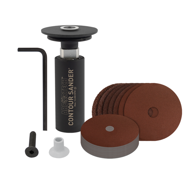 Arbortech Random Orbital Contour Sander Attachment for M14 Thread, shown in use on detailed woodwork