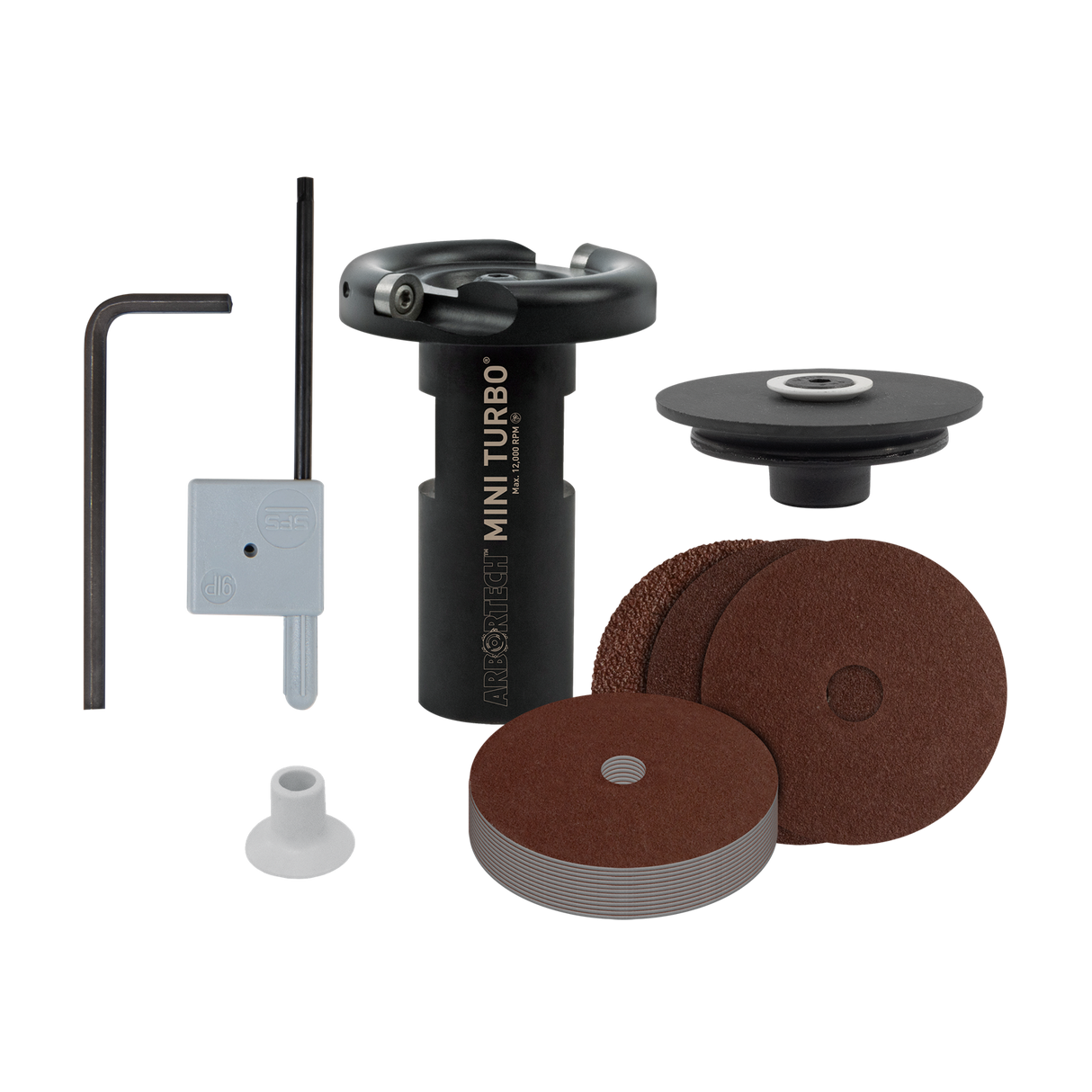 Arbortech Mini Turbo Wood Sculpting Kit in action on angle grinder, creating intricate wood carvings