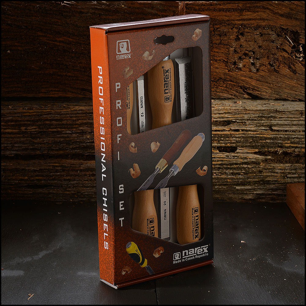 Narex Set of 4 Cabinet Chisels Bevel Edge woodworking tools in various sizes on a white background