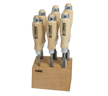 Narex Set of 6 Cabinet Chisels Bevel Edge in Wooden Block - Various Sizes for Wood Joinery