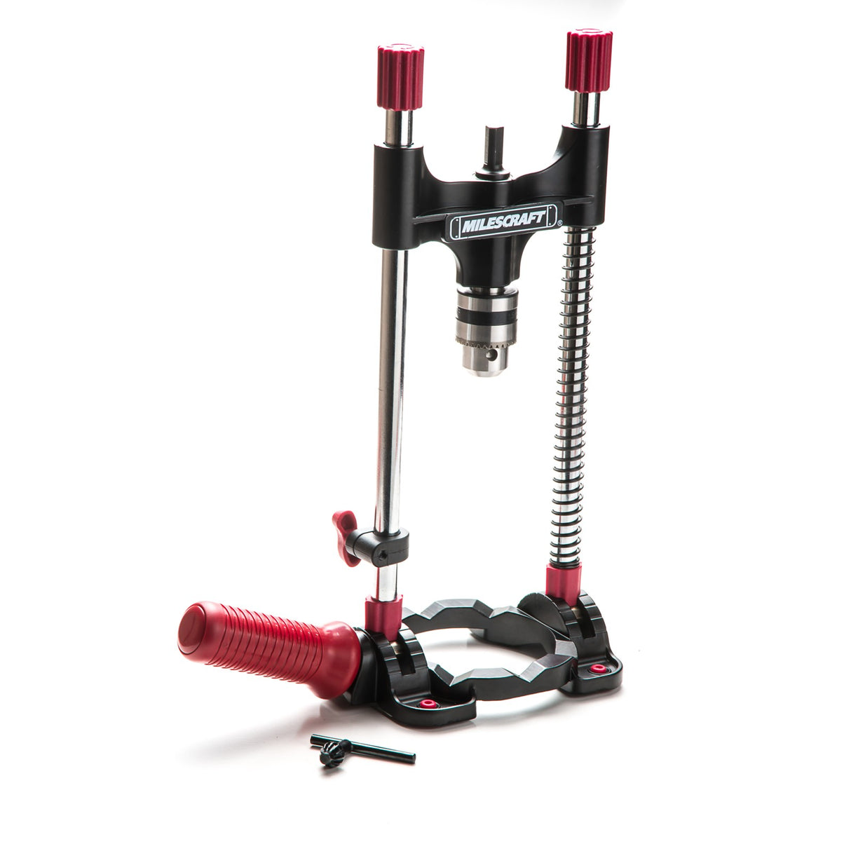 Milescraft Drill Mate Portable Drill Guide in use with a hand drill, providing precise and accurate hole drilling