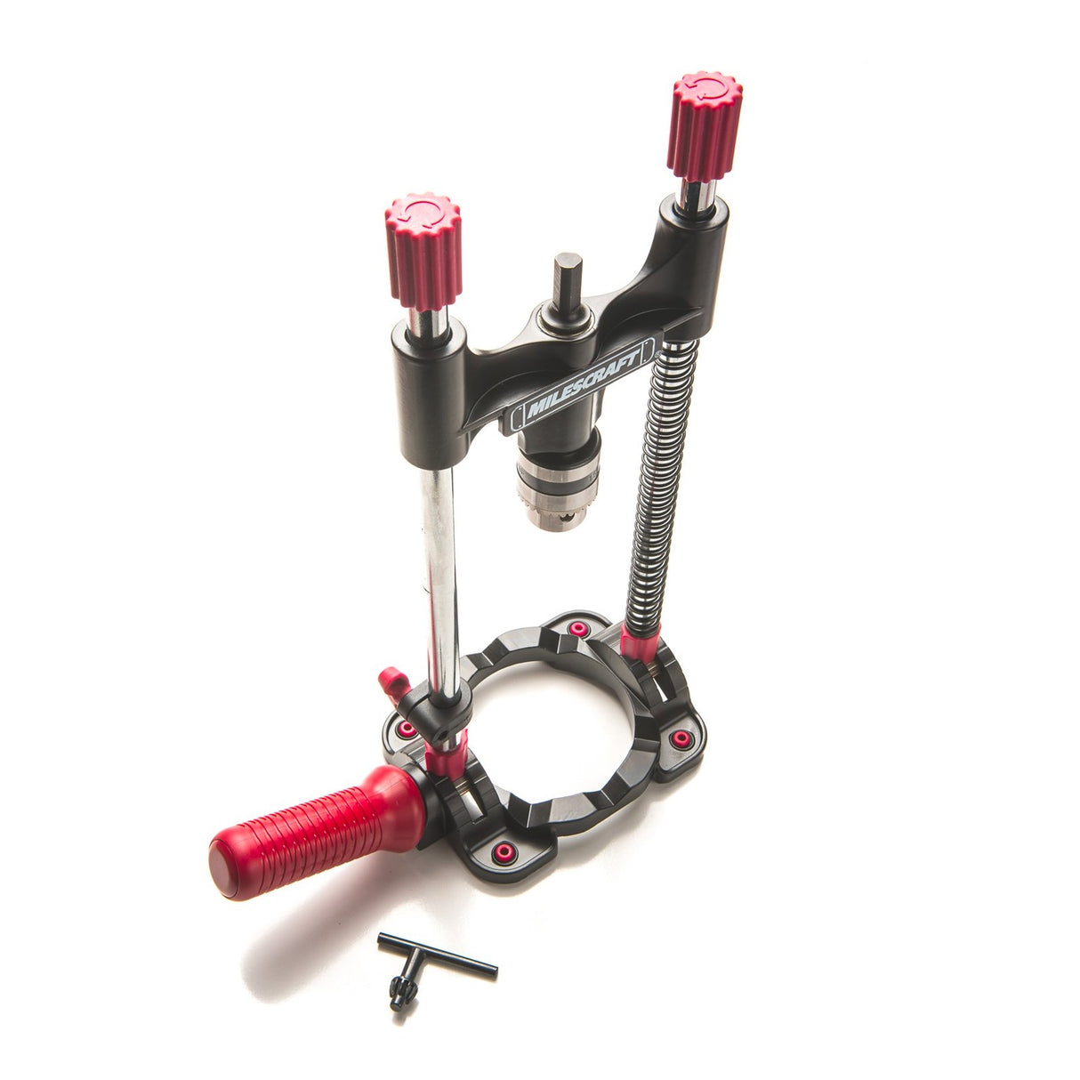 Milescraft Drill Mate Portable Drill Guide angled view in use with hand drill