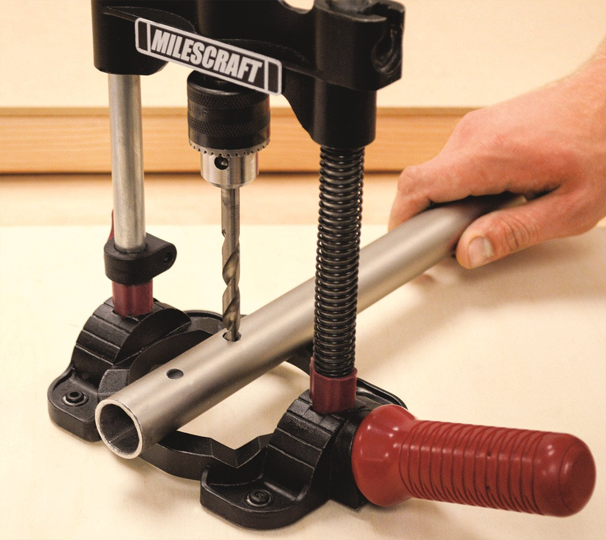 Milescraft Drill Mate Portable Drill Guide angled view demonstrating precision drilling capabilities