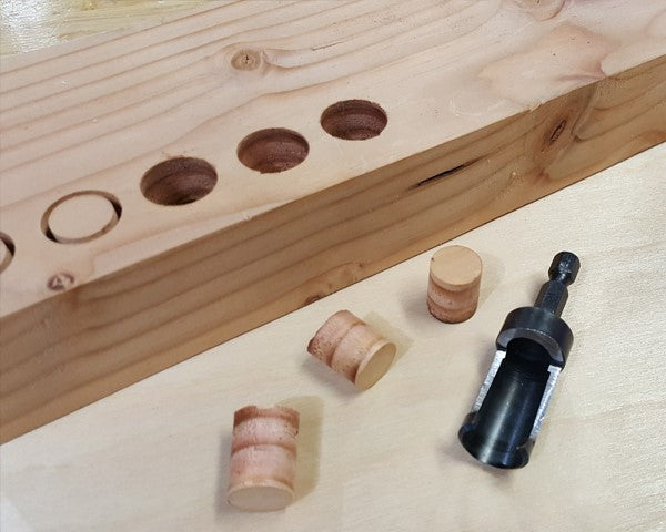 Milescraft 3-Piece Tapered PlugCutter Set showcasing 1/4in, 3/8in & 1/2in plugs for precise woodworking projects