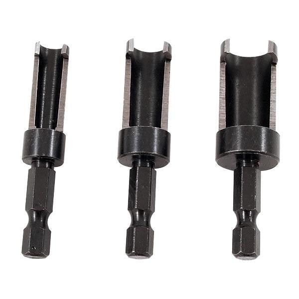 Milescraft 3-Piece Plug Cutter Set creating tapered wood plugs in 1/4in, 3/8in & 1/2in sizes