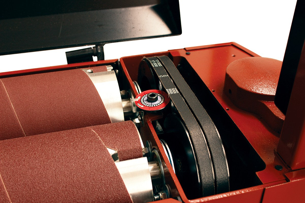 Sherwood 26in Drum Sander in action, showcasing its industrial power and precision sanding capabilities