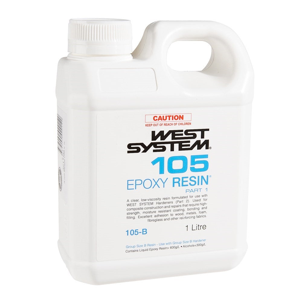 West System 105 Epoxy Resin Part A packaging showing product details and size options