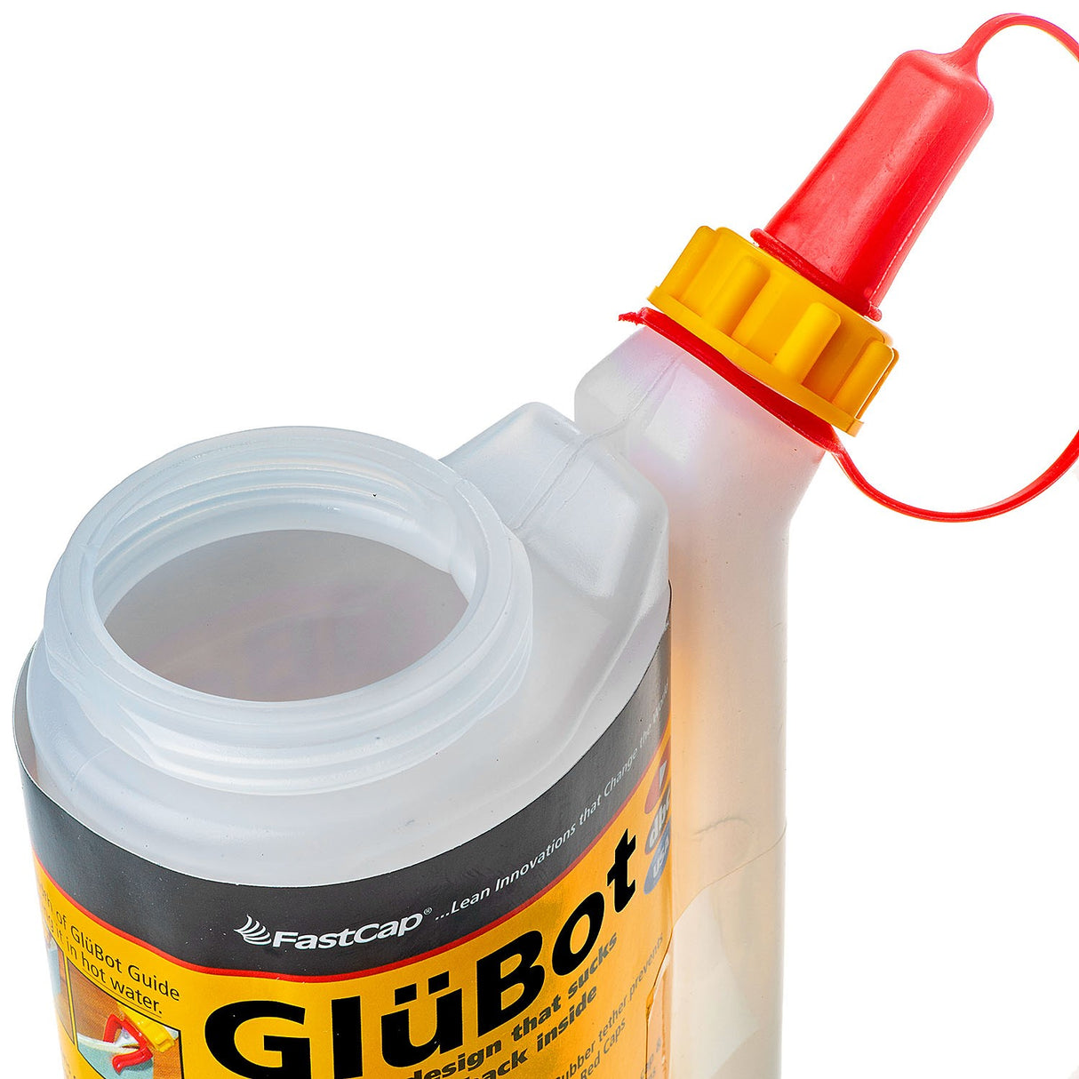 FastCap GluBot glue dispenser bottle in woodworking setting, efficient non-drip design