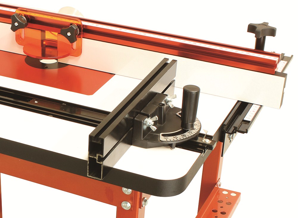Sherwood Router Table Mitre Guide Aluminium Sub-Fence with T-channels, showing protractor and industry-standard size bar