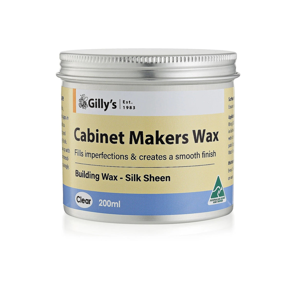 Gilly's Cabinetmakers Wax Silk Sheen Natural Finish 200mL on timber surface
