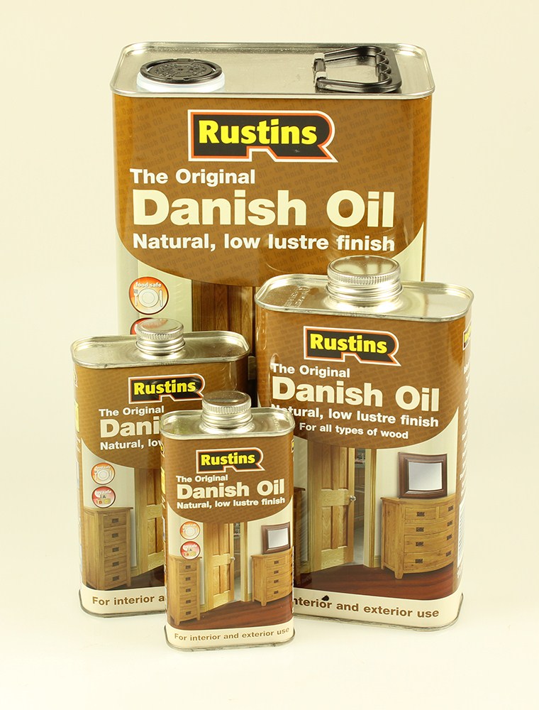 Rustins Original Danish Oil natural finish for woodworking, showcasing bottle with branding and product label