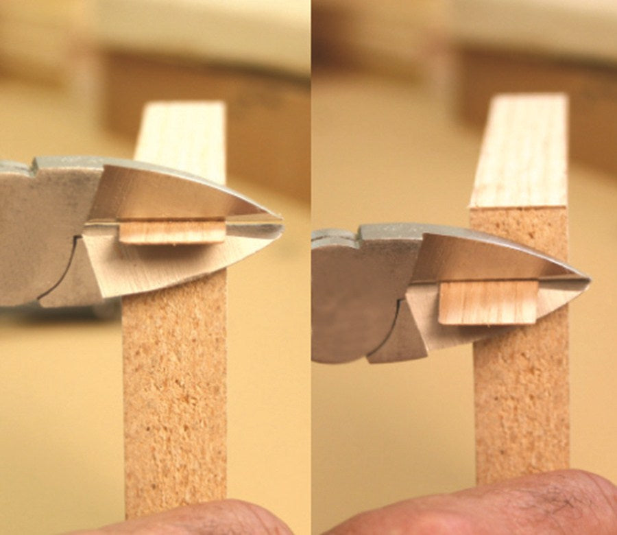 FastCap Flush Cut Trimmers Macro 38mm in use on wood edge banding