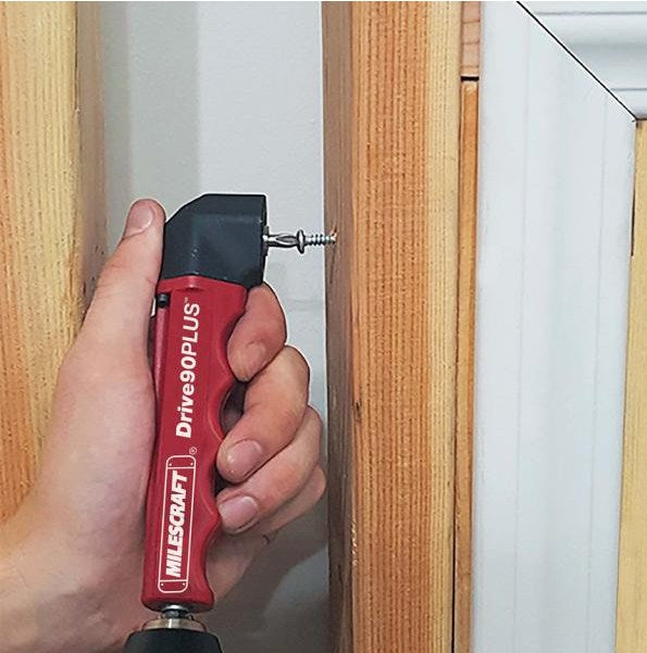 Milescraft Drive90PLUS Right-Angle Impact Driver Drill Attachment in use at a tight spot