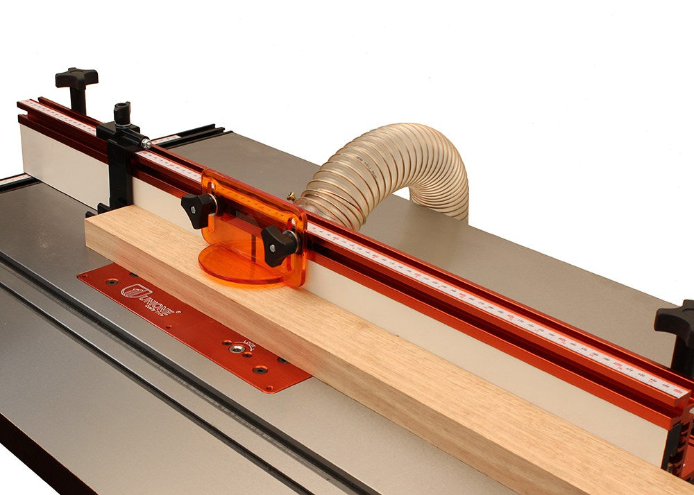 Sherwood Heavy-Duty Flip Stop for Router Table Fence mounted on t-track with gloss black finish