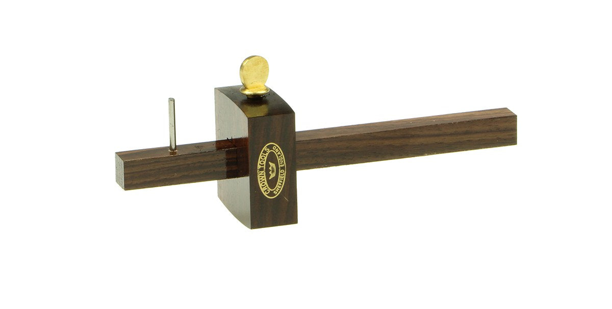 Crown Mini Marking Gauge 120mm Rosewood & Brass woodworking tool view from front angle