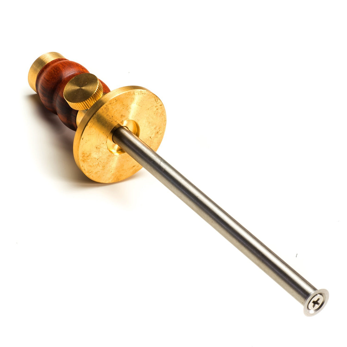 Luban Wheel Marking Gauge 182mm showing solid brass and hardwood infill with stainless steel bar and etched graduations
