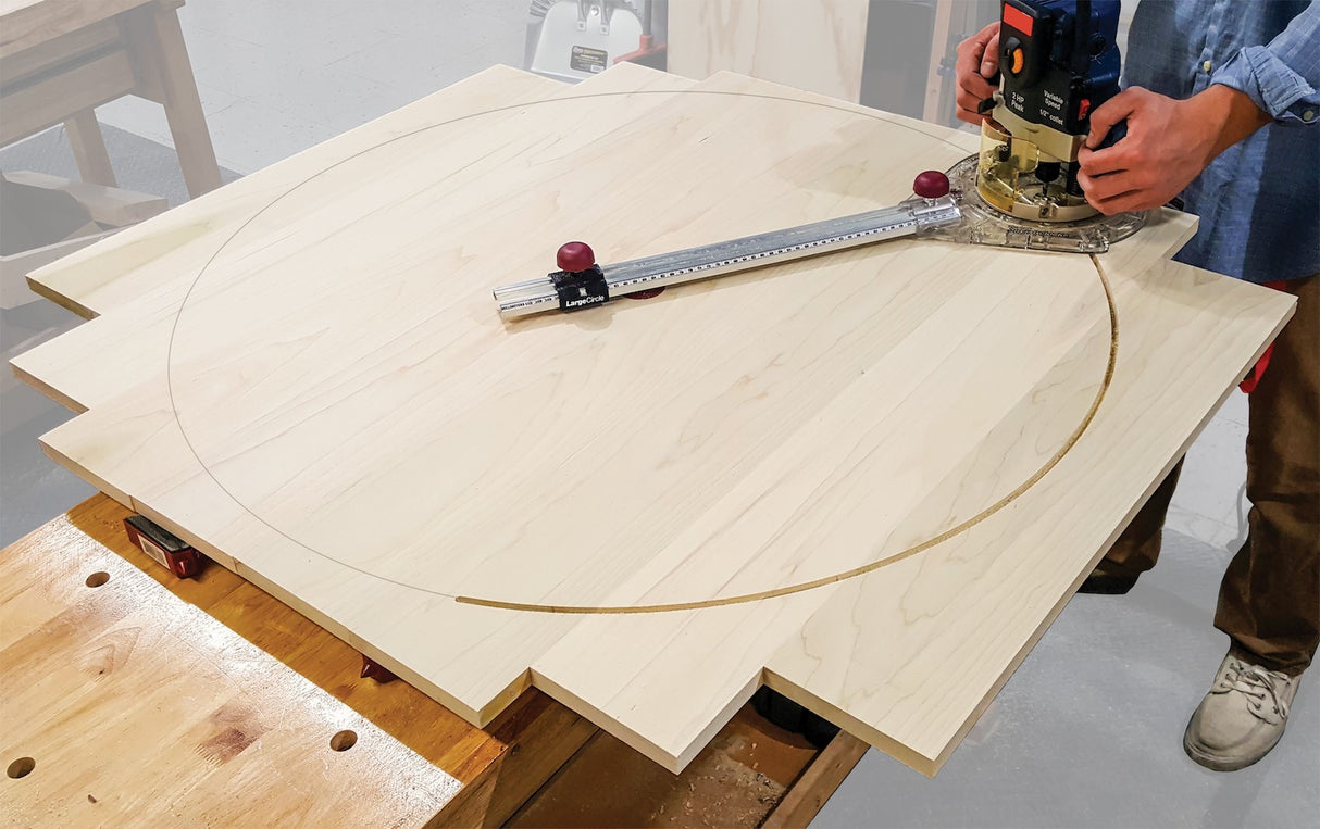 Milescraft Circle Cutting Guide for Plunge Routers with Metric and Imperial Scales, shown in use with a router