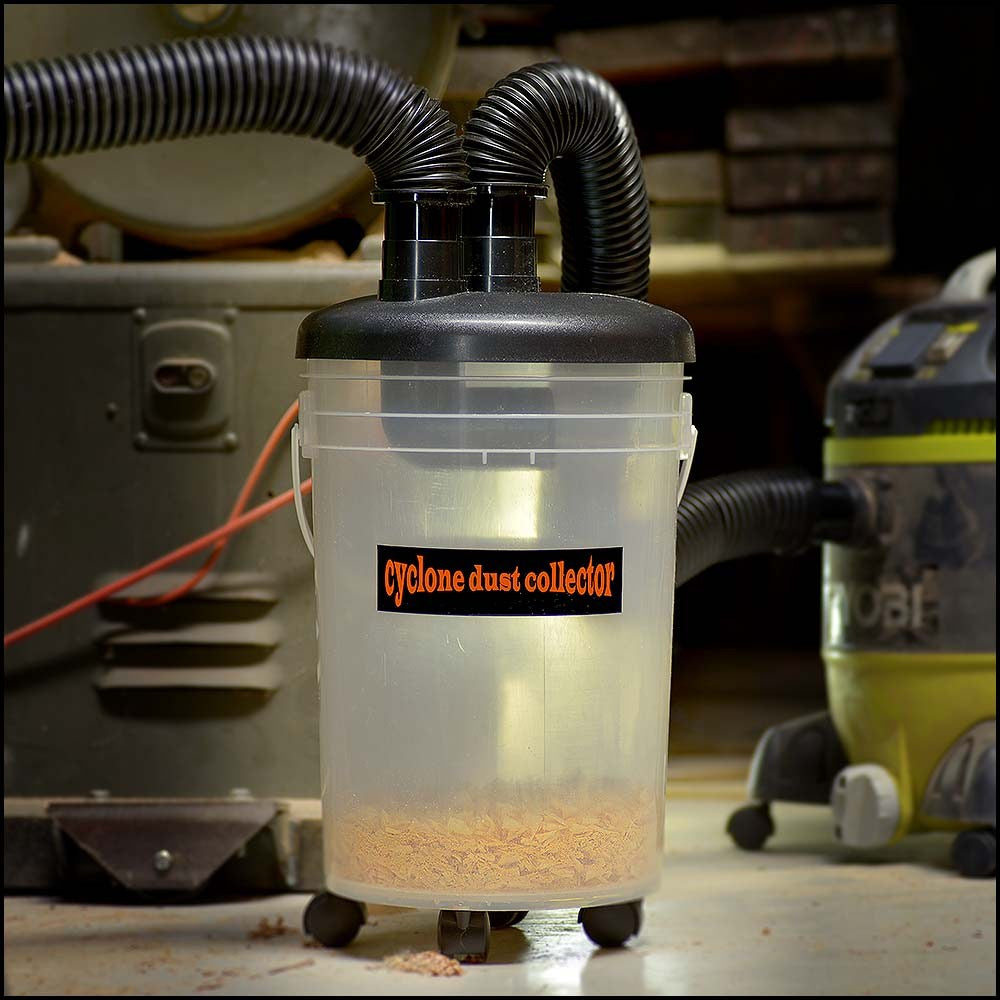 Sherwood Mini Dust Cyclone Kit in action, efficient sawdust extraction from workshop vacuums