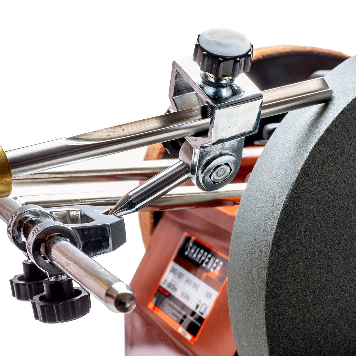 Sherwood Whetstone Grinder Turning Gouge Jig angled view with 12mm support bars