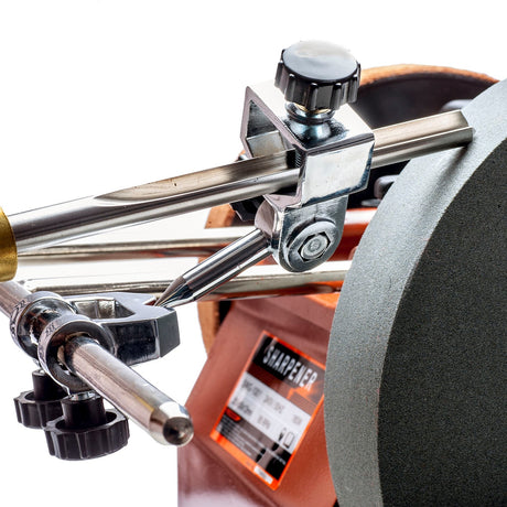 Sherwood Whetstone Grinder Turning Gouge Jig angled view with 12mm support bars