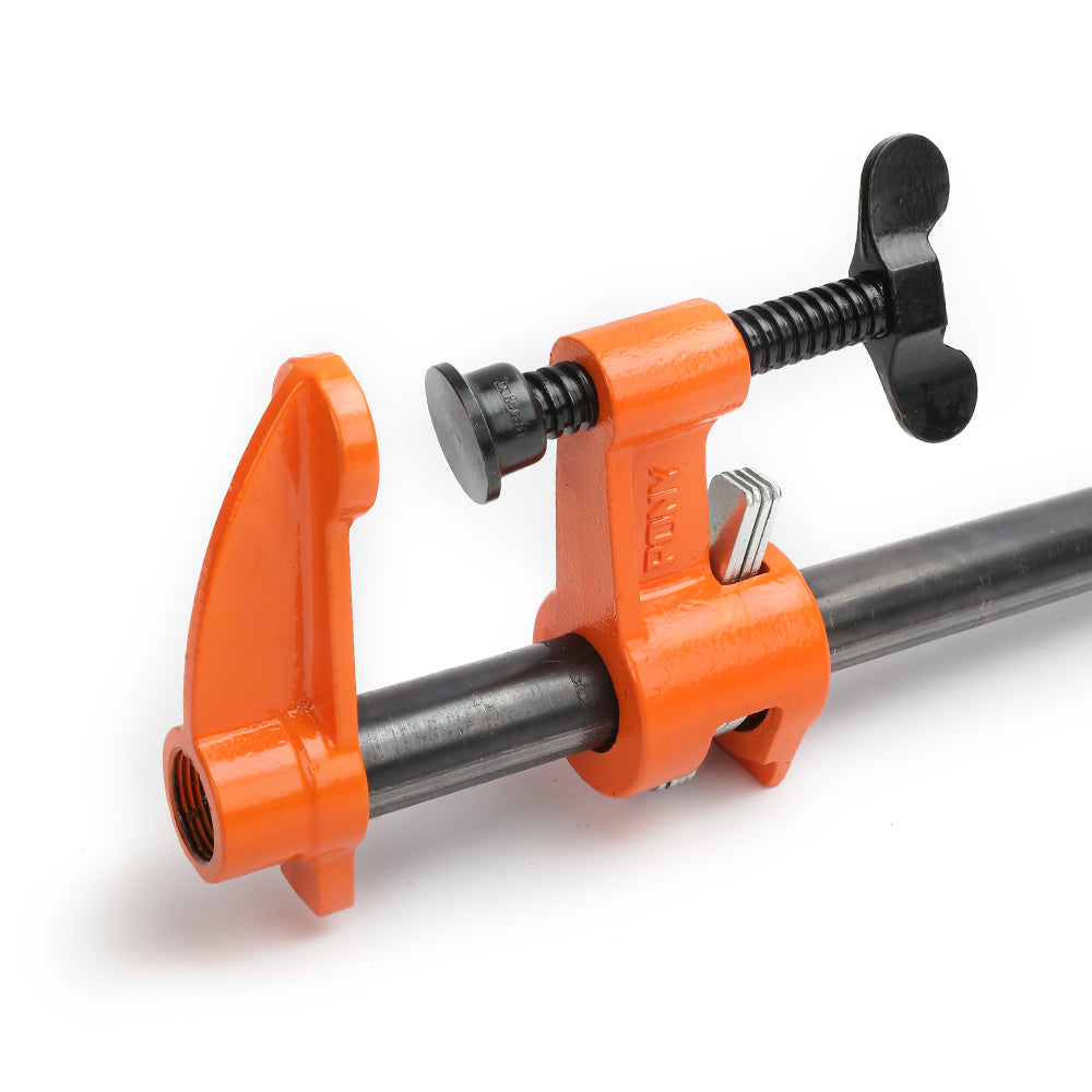 Pony Jorgensen Deep Reach Pipe Clamp with 2100mm 3/4in Pipe in use on woodworking project