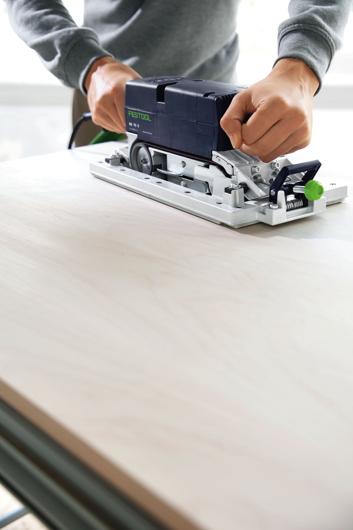 Festool BS 75mm Belt Sander in Systainer with Sanding Frame Set, sanding frame attachment in use
