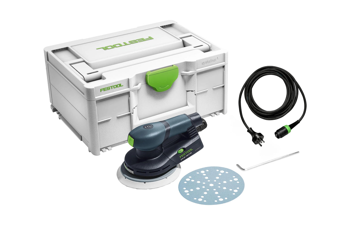 Festool ETS EC 150mm Brushless Random Orbital Sander in Systainer - Compact and efficient sanding tool in action