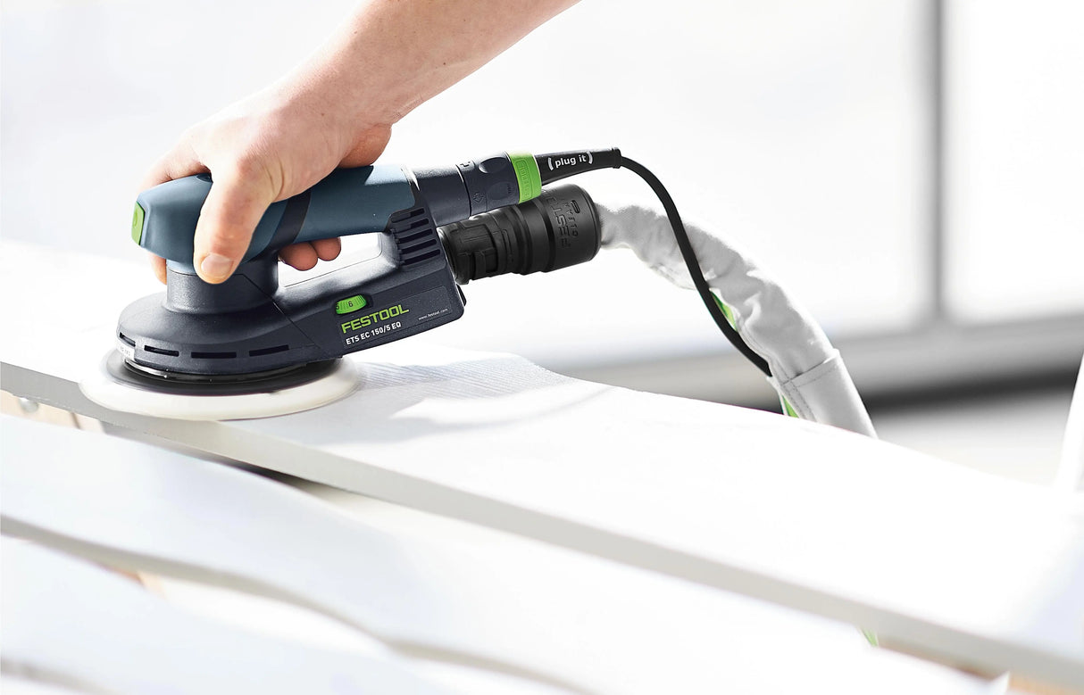 Festool ETS EC 150mm Brushless Random Orbital Sander in Systainer, ideal for reduced fatigue in overhead sanding and edge work