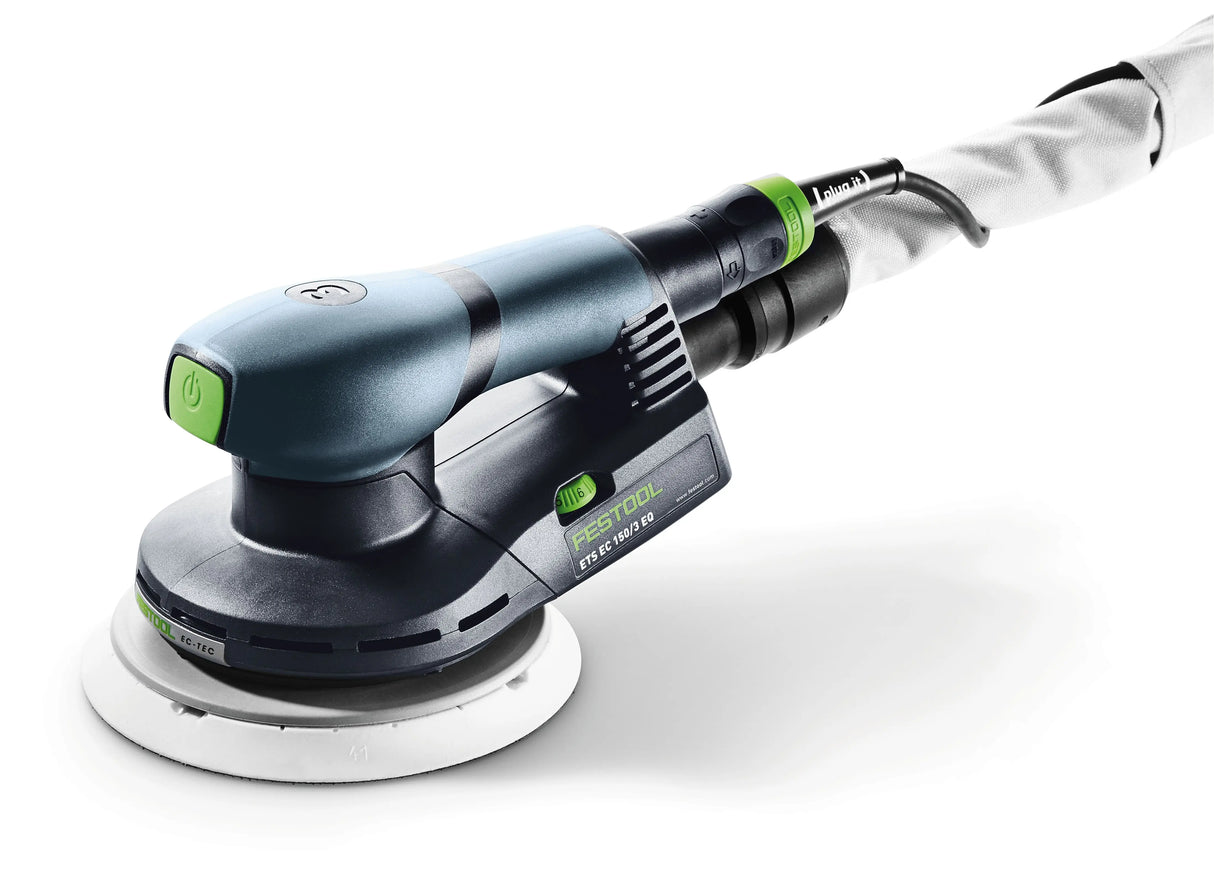 Festool ETS EC 150mm Brushless Random Orbital Sander in Systainer, showing compact design and powerful EC-TEC brushless motor