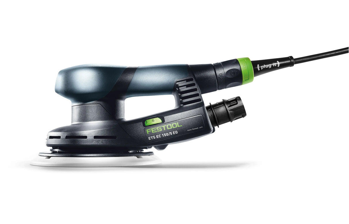 Festool ETS EC 150mm Random Orbital Sander in Systainer, showing ergonomic design for reduced fatigue during overhead sanding
