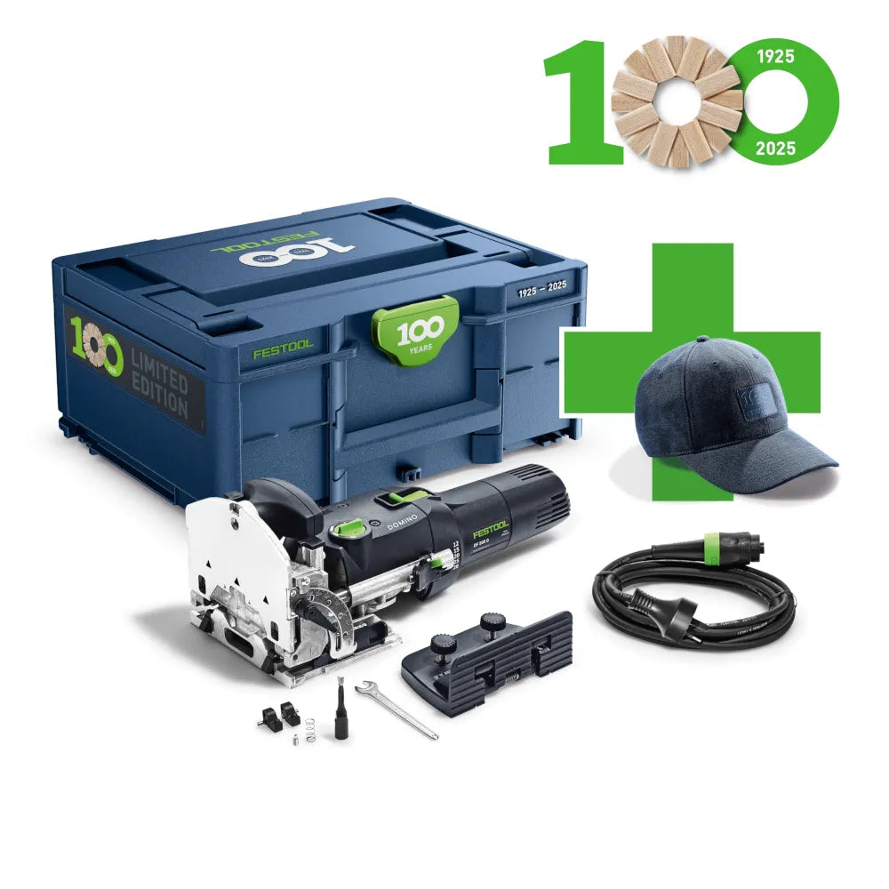 Festool DF 500 DOMINO Joining Machine in 100 Year Limited Edition Systainer Plus Cap, showcasing oval shape for stability
