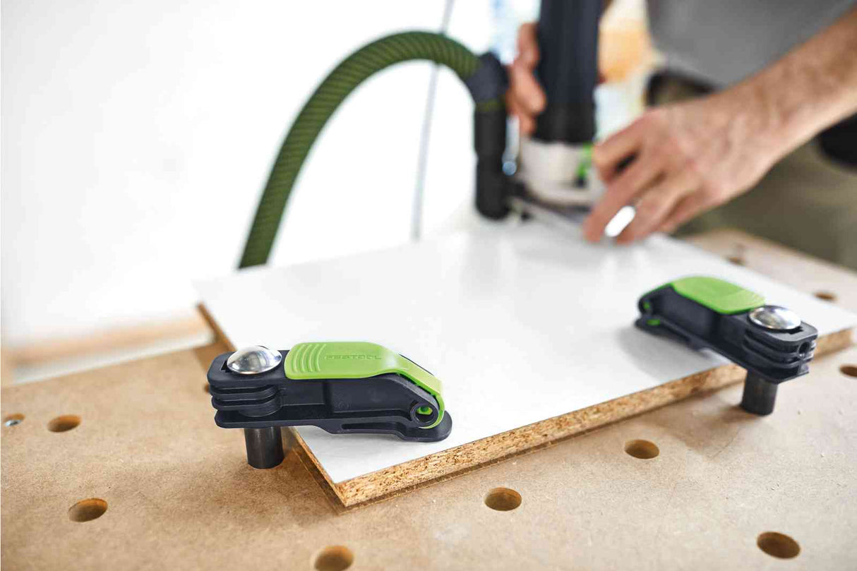 Festool Lever Clamp for MFT Table in use on workbench with 20mm Dog Holes