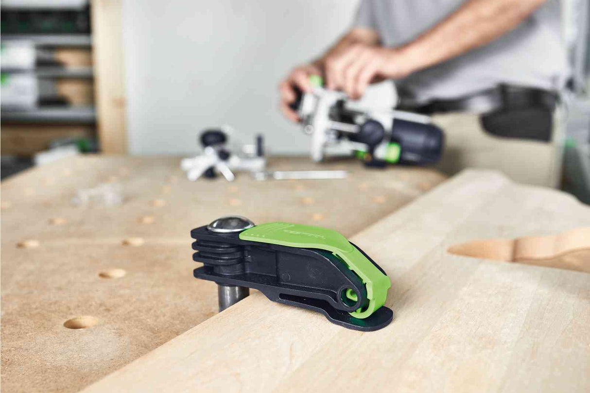 Festool Lever Clamp for MFT Table in use, showcasing its compatibility with 20mm Dog Holes