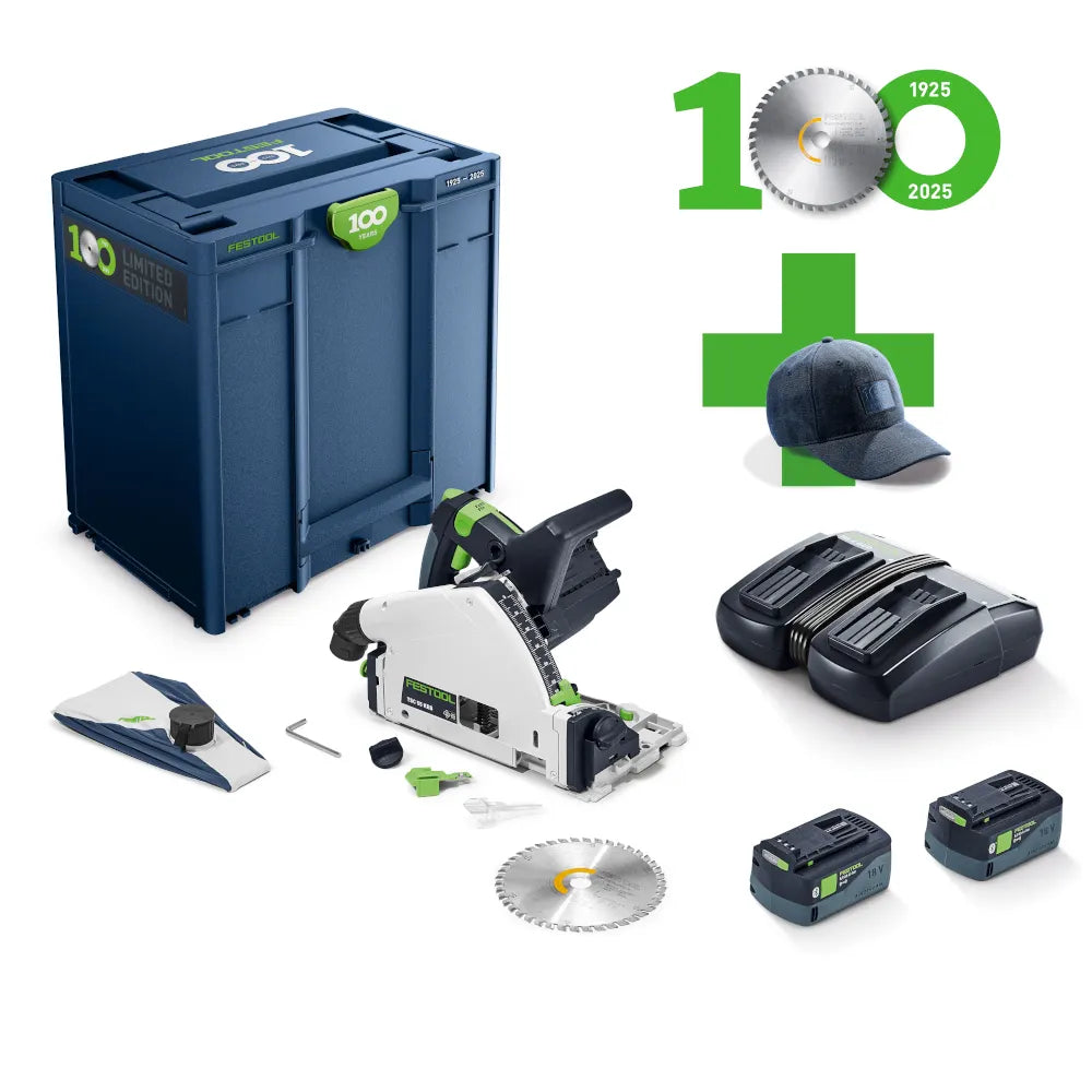 Festool TSC 55K 18V Cordless Plunge Saw 160mm 5.0 Ah XL Set - Top view showing saw blade and battery in systainer