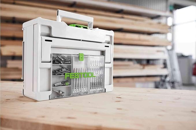 Festool Systainer3 SYS 1.5 Medium with tools underneath and accessories on top, organized and within reach